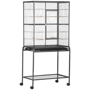 Cage à oiseaux portable avec 4 mangeoires et 4 perchoirs pratique 81 x 48 x 162 cm noir et gris