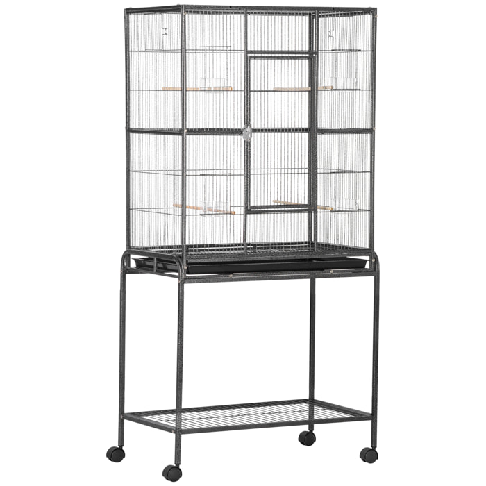 Cage à oiseaux portable avec 4 mangeoires et 4 perchoirs pratique 81 x 48 x 162 cm noir et gris