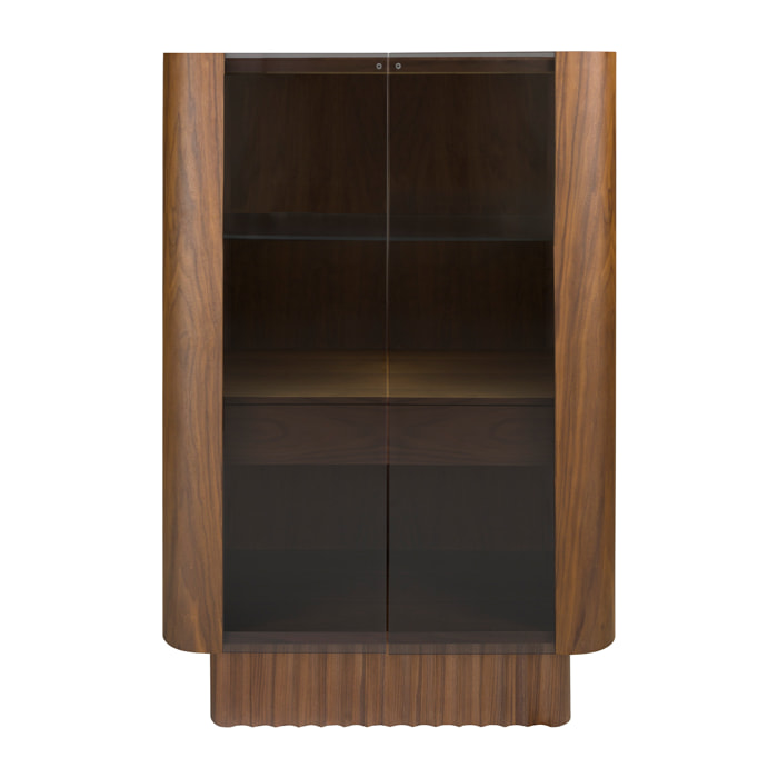Aparador alto de madera chapada en nogal natural Iluminación interior 100x50x150cm