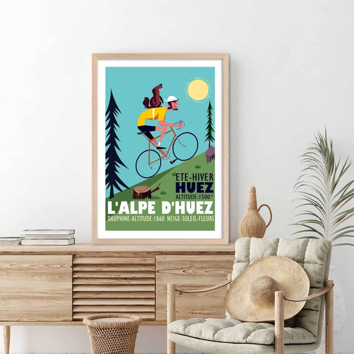 Poster de la montée de l'alpe d'huez Affiche + cadre en bois - Chêne