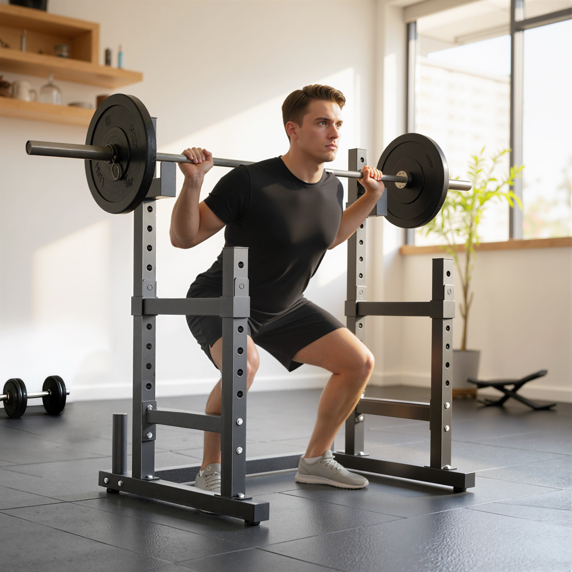 Soporte para Pesas Sentadillas, Soporte Barra Pesas Ajustable con Topes de Seguridad, Rack de Press de Banca Musculación en Casa Gimnasio, Carga 300 kg, Altura Regulable de 48-135/45-85 cm
