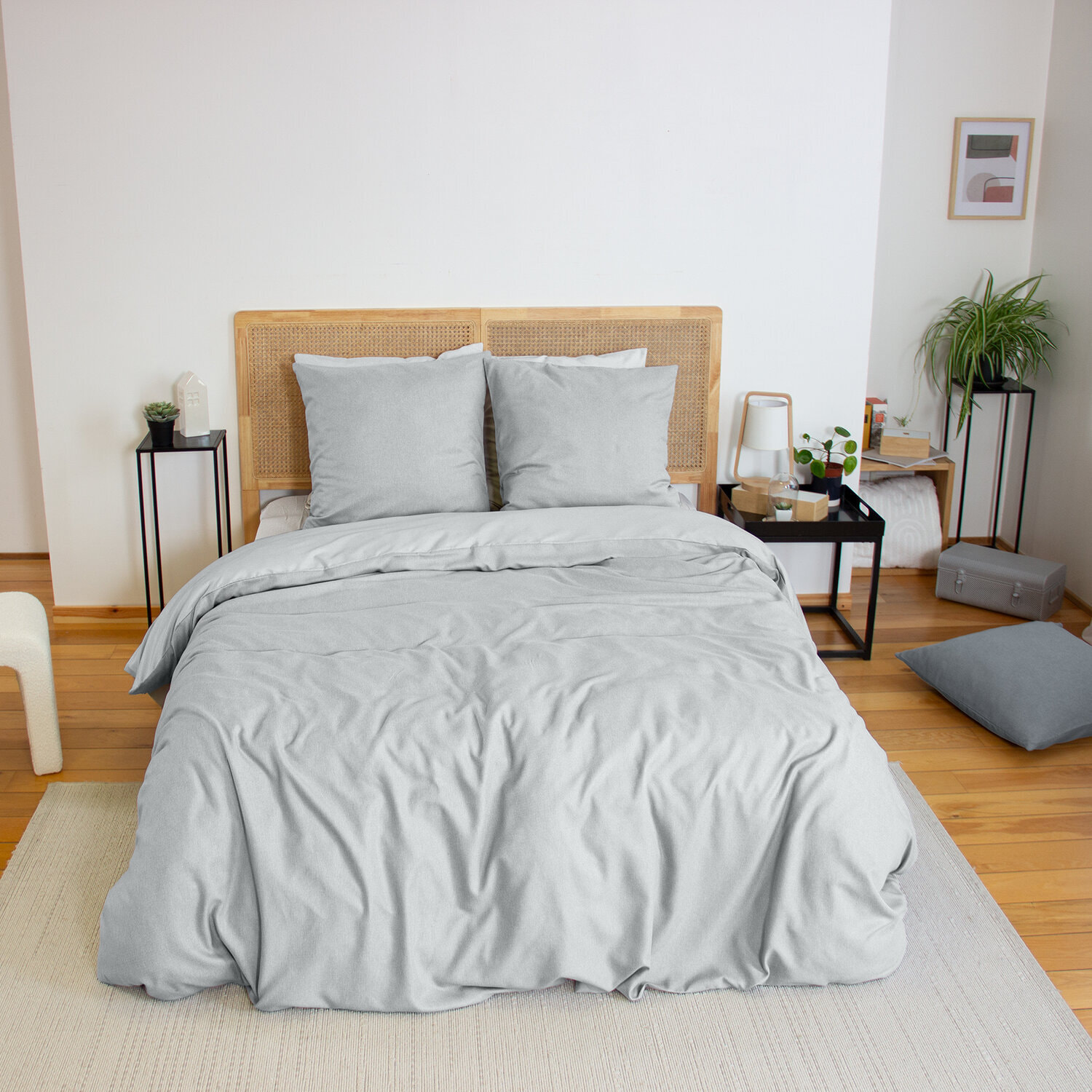 Parure housse de couette 3PCS en MICROFIBRE EFFET FLANELLE - CENDRE