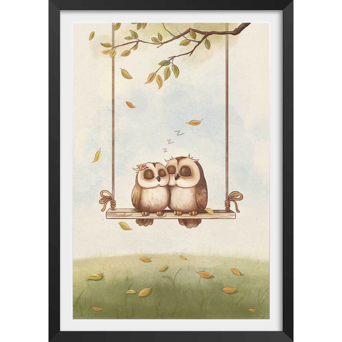 Affiche enfant hiboux amoureux  Affiche sous cadre noir