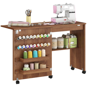 Mesa de Costura Plegable, Mesa Máquina de Coser con Puerta Magnética, 2 Compartimentos, Estante, 18 Soportes para Hilos, 5 Ruedas, Ahorro de Espacio, Marrón
