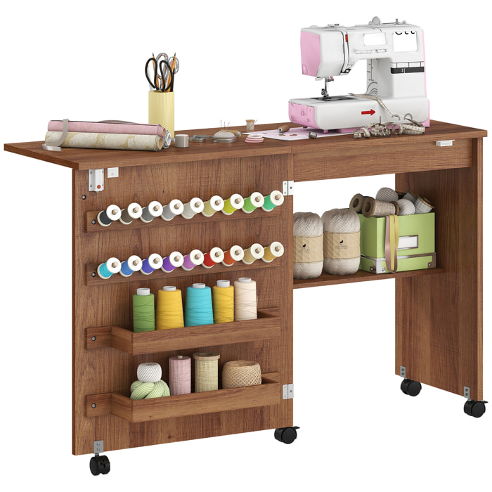 Mesa de Costura Plegable, Mesa Máquina de Coser con Puerta Magnética, 2 Compartimentos, Estante, 18 Soportes para Hilos, 5 Ruedas, Ahorro de Espacio, Marrón