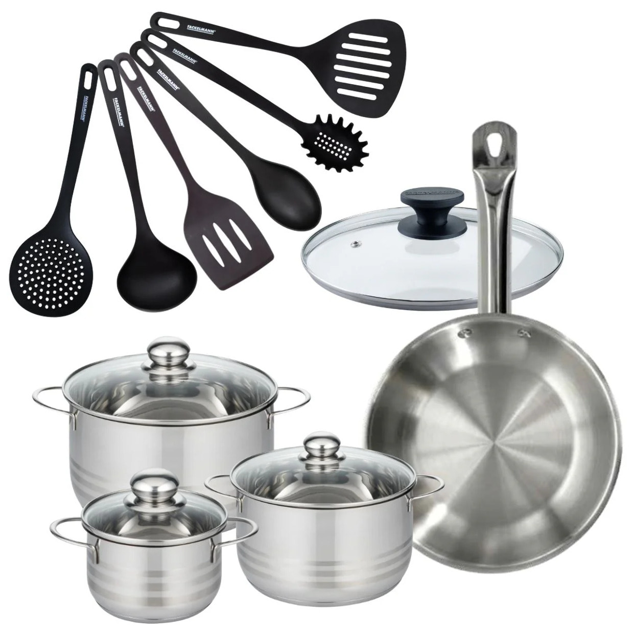 Set 1 poêle en inox et 1 couvercle verre, 3 faitouts inox et 6 ustensiles RPET Fackelmann Eterna