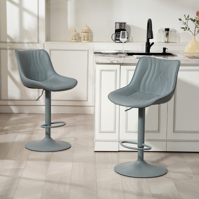 Juego de 2 Taburetes de Bar Taburetes Altos de Cocina Giratorios con Altura Ajustable 92-110 cm Respaldo Asiento de Piel Sintética Marco de Acero y Reposapiés para Comedor Mostrador Gris