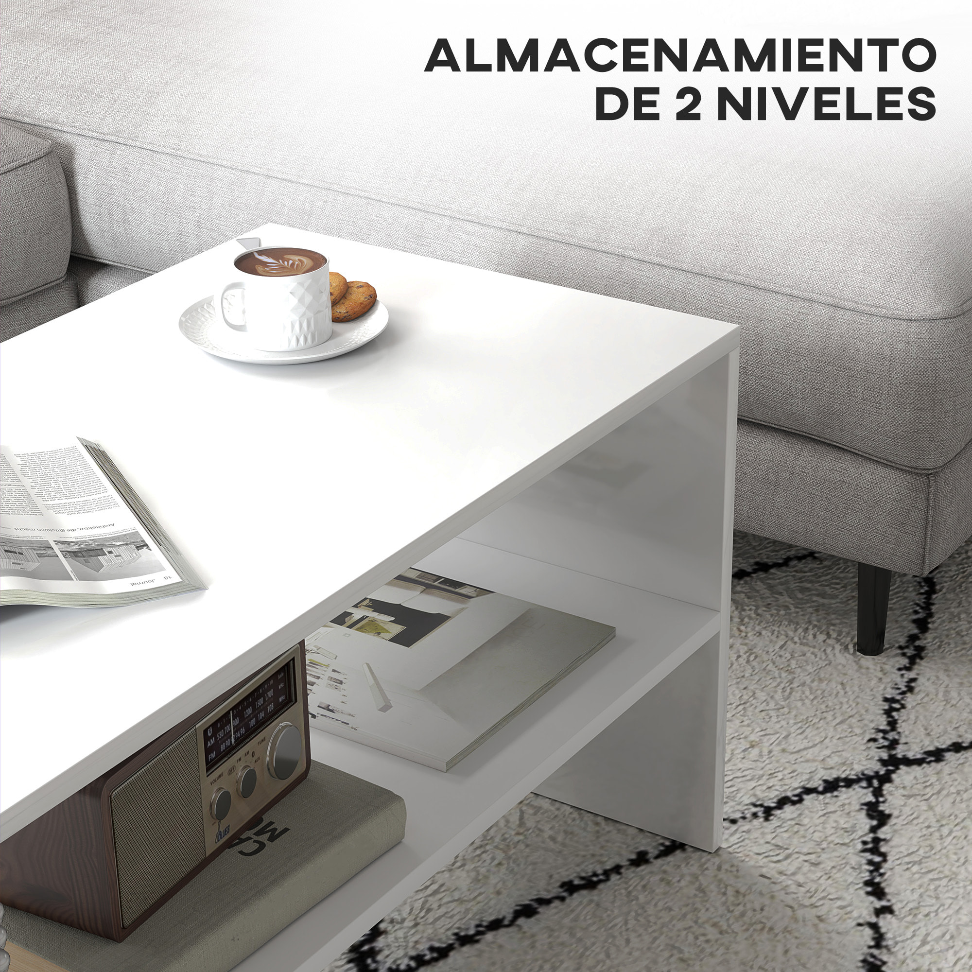 Mesa de Centro Mesa Auxiliar con Compartimento Abierto Mesa de Café para Salón Comedor 100x40x41,5 cm Blanco Brillante