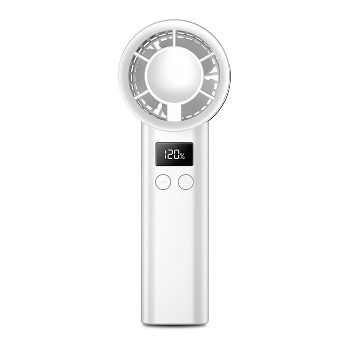 Ventilador portátil F30. Con motor sin escobillas, regulación continua de hasta 120 velocidades, pantalla digital y batería recargable.
