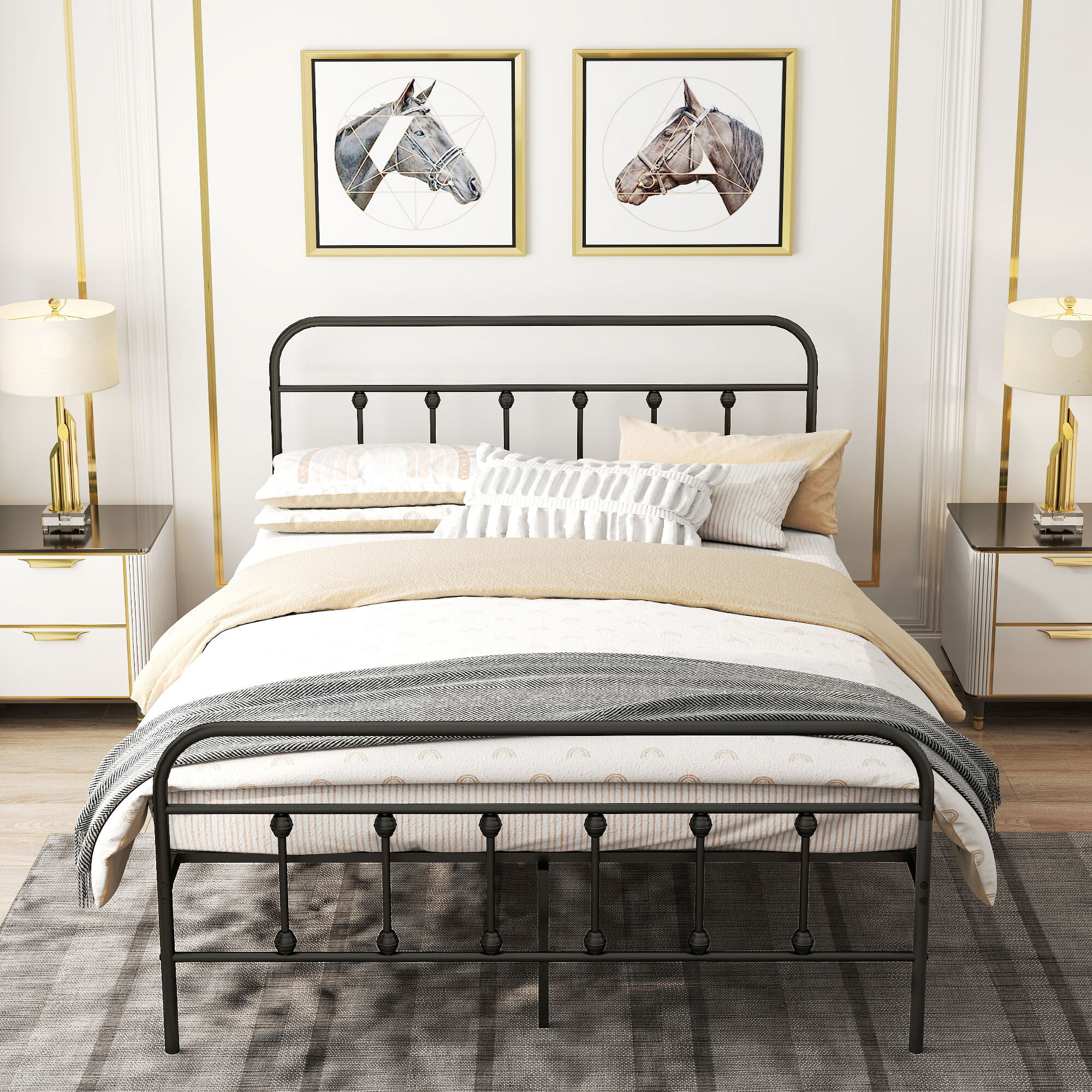 Lit double acier noir - tête de lit, pied de lit et sommier inclus - compatible matelas 140x200 cm