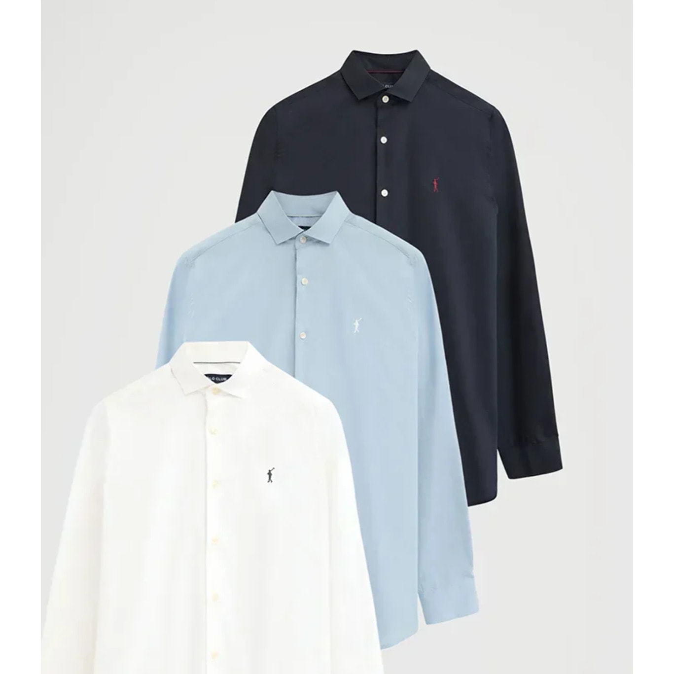 Pack hombre de tres camisas azul marino, blanca y azul claro de corte slim con logo Rigby Go