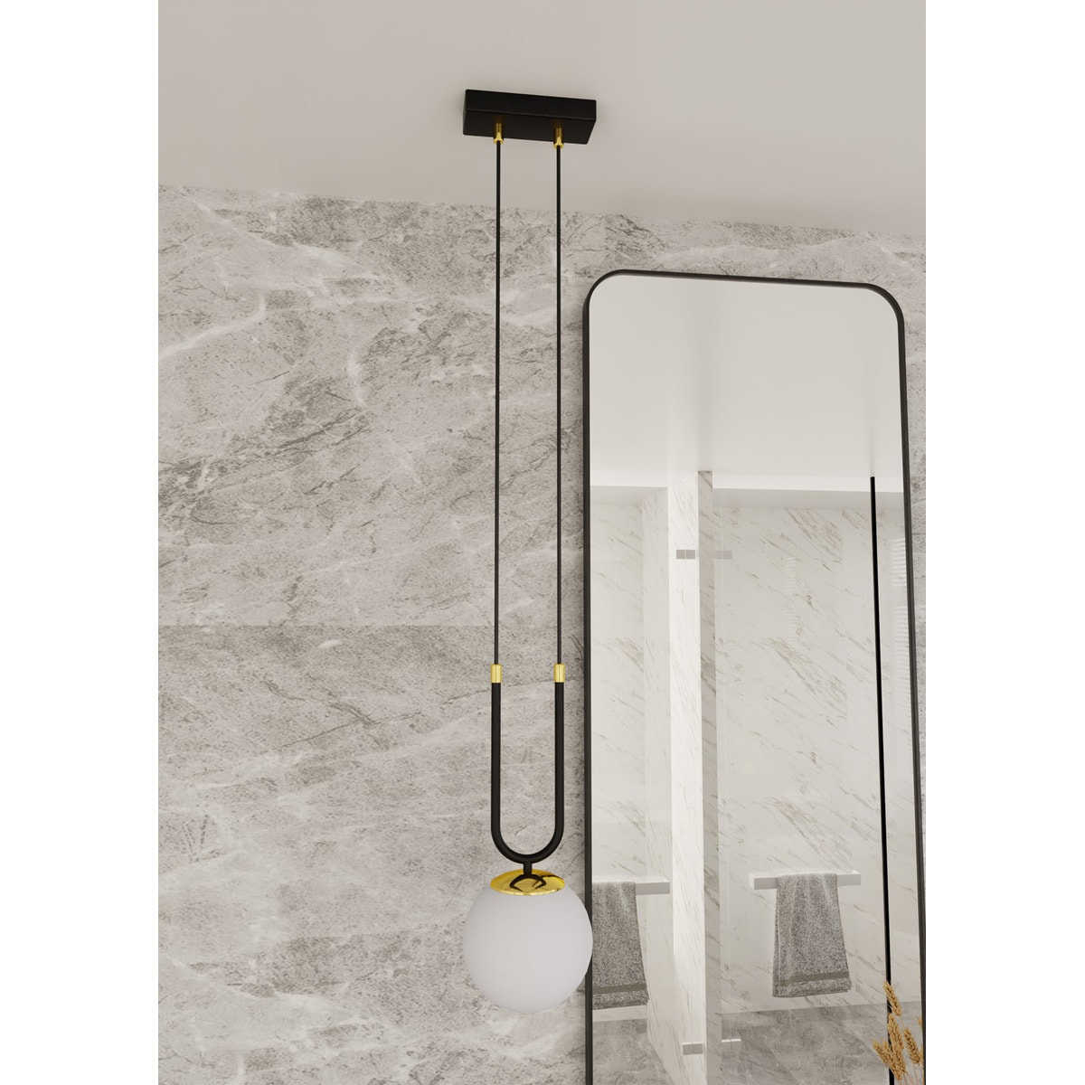 Lampada a sospensione GLAM in acciaio nero opaco e vetro opalino