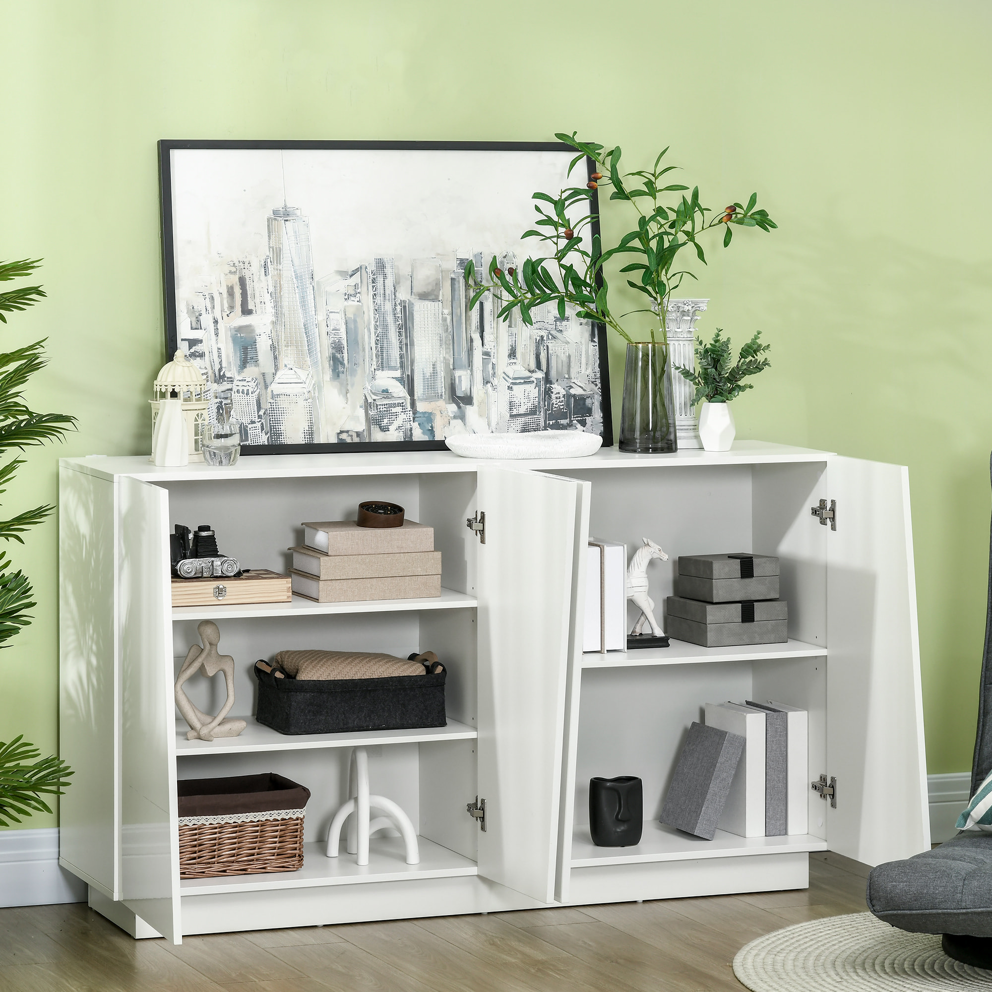 Buffet design façade blanc laqué 4 portes 2 étagères dim. 150 x 40 x 88 cm blanc