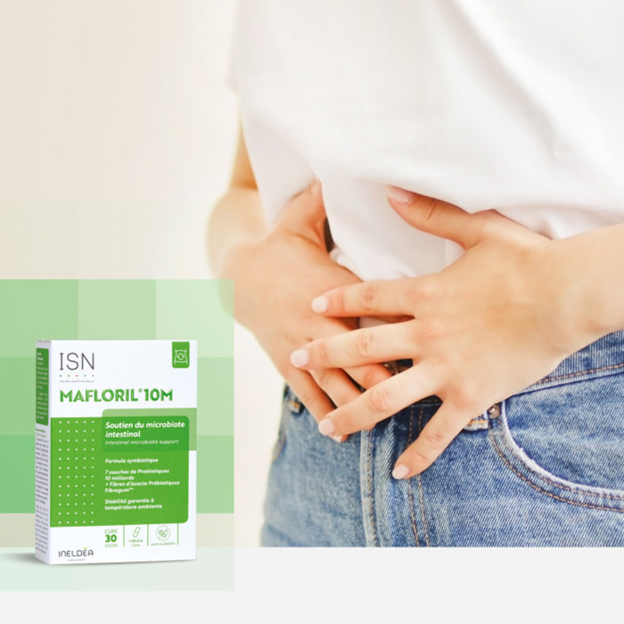 ISN - Mafloril 10M - Complément alimentaire à base de Probiotiques et Fibres d?Acacia Prébiotique - 7 souches probiotiques + fibres prébiotiques - Soutien du microbiote intestinal - Cure 30 jours