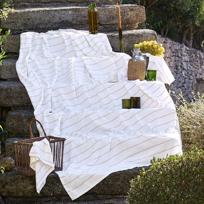 Nappe pur coton lavé motif jacquard blanc orange Rimini terracotta