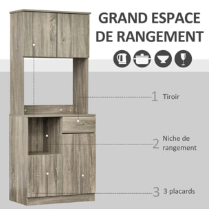 HOMCOM Armoire de cuisine multi-rangements 3 placards 2 niches tiroir panneaux particules classe E1 aspect chêne gris