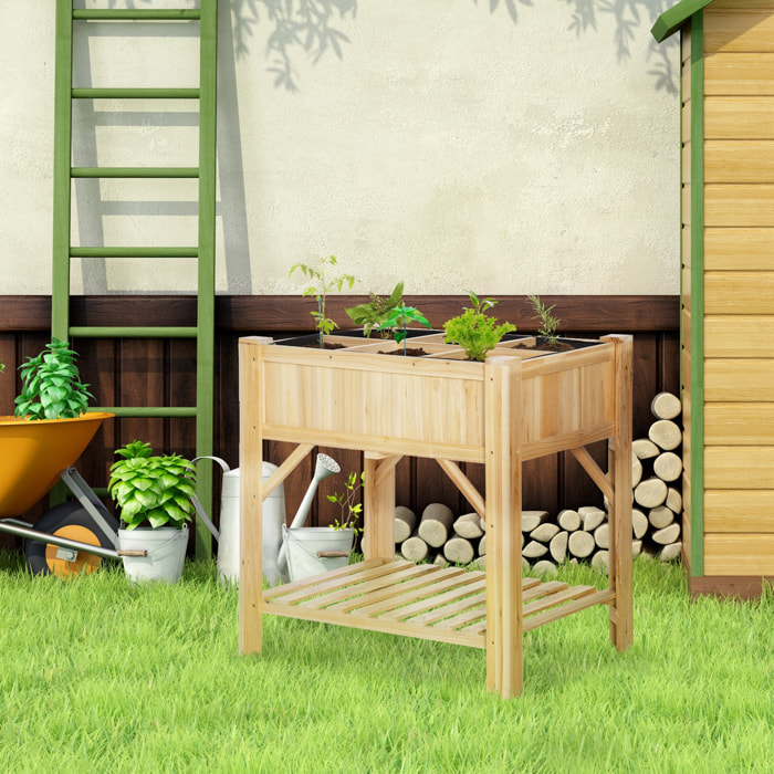 Jardinière sur pieds - carré potager avec étagère - dim. 78L x 58l x 81H cm - 6 compartiments - feutre drainage inclus - bois sapin pré-huilé