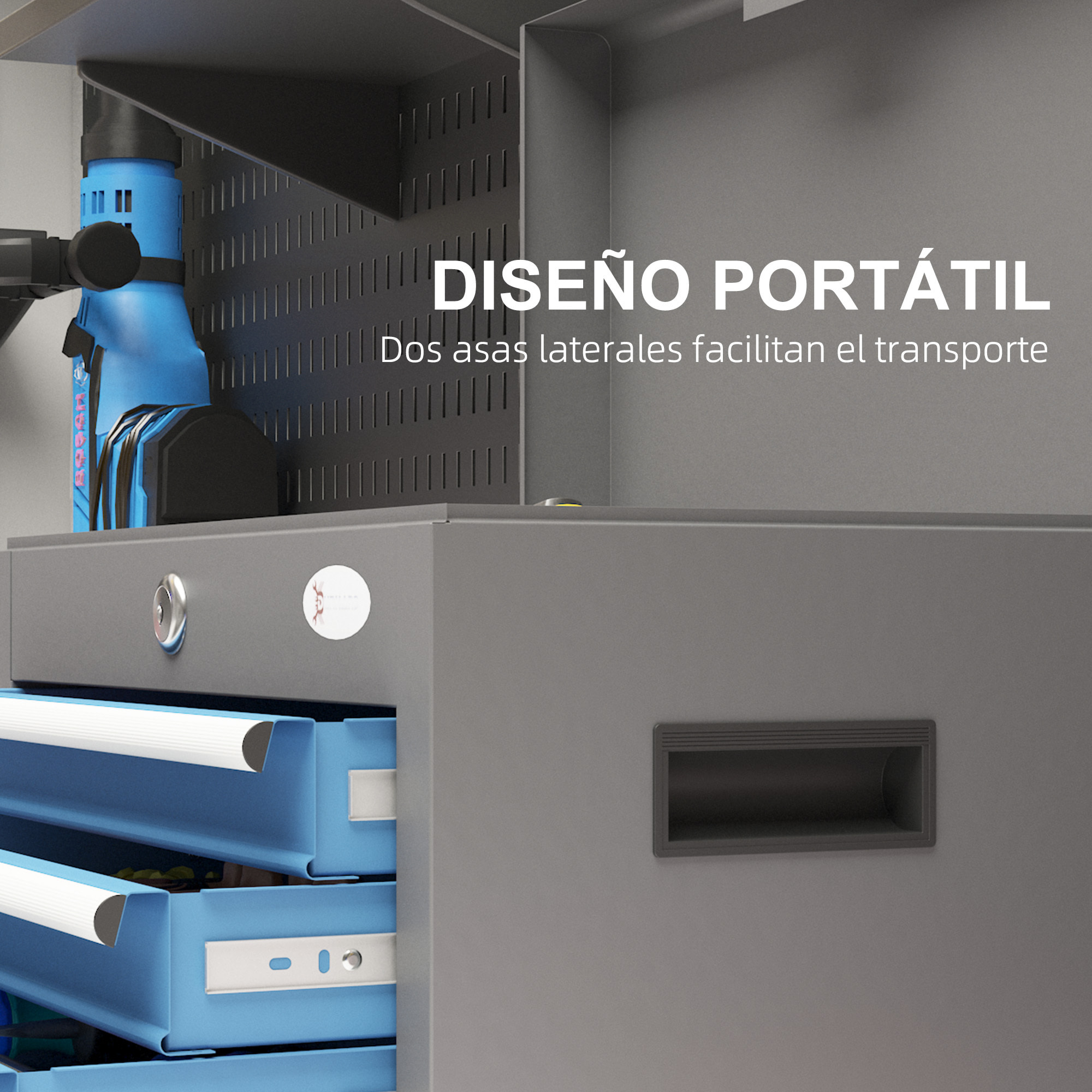 DURHAND Caja de Herramientas Metálica Maletín de Herramientas con 4 Cajones Bandeja Superior Cerradura y Asas Laterales Carga 20 kg 45x24,5x32,5 cm Gris y Azul