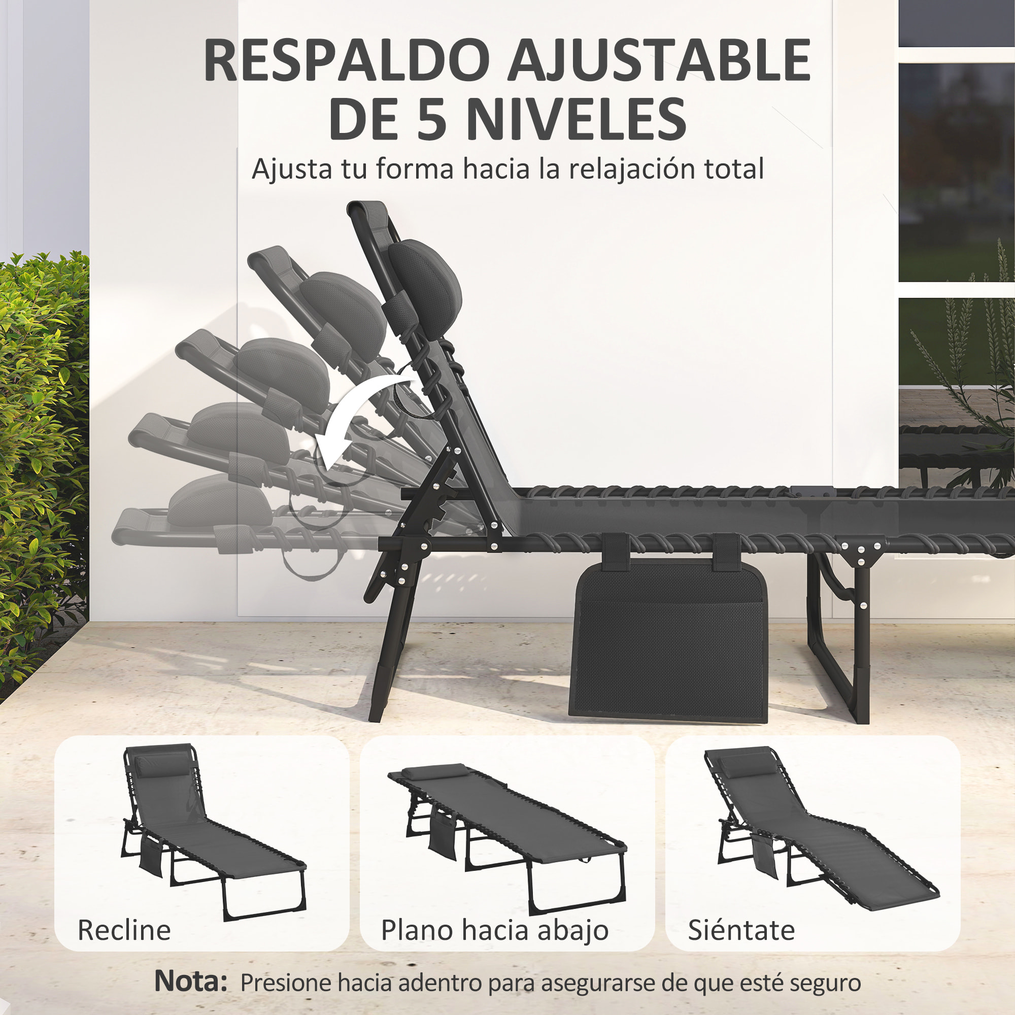 Tumbona Plegable, Tumbona Jardín Exterior Reclinable 5 Posiciones, con Reposacabezas Acolchado, Bolsillo Lateral y Estructura de Acero, para Terraza, Piscina, 189x58x30 cm, Negro