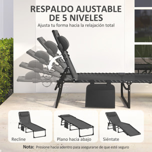 Tumbona Plegable, Tumbona Jardín Exterior Reclinable 5 Posiciones, con Reposacabezas Acolchado, Bolsillo Lateral y Estructura de Acero, para Terraza, Piscina, 189x58x30 cm, Negro