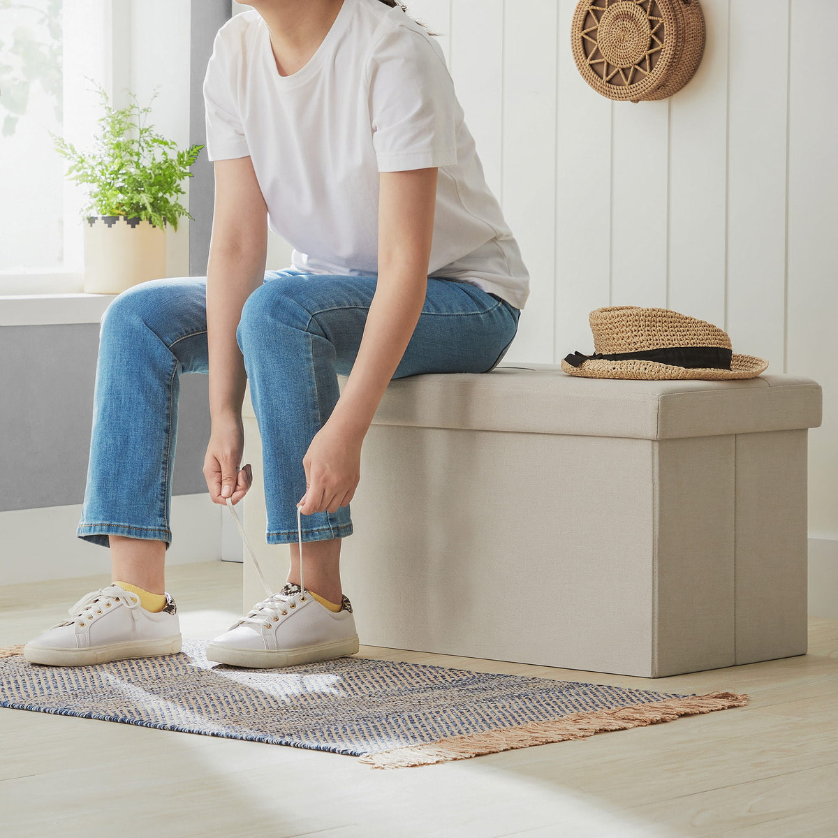 Panca Contenitore Pieghevole in Tessuto Effetto Lino Beige
