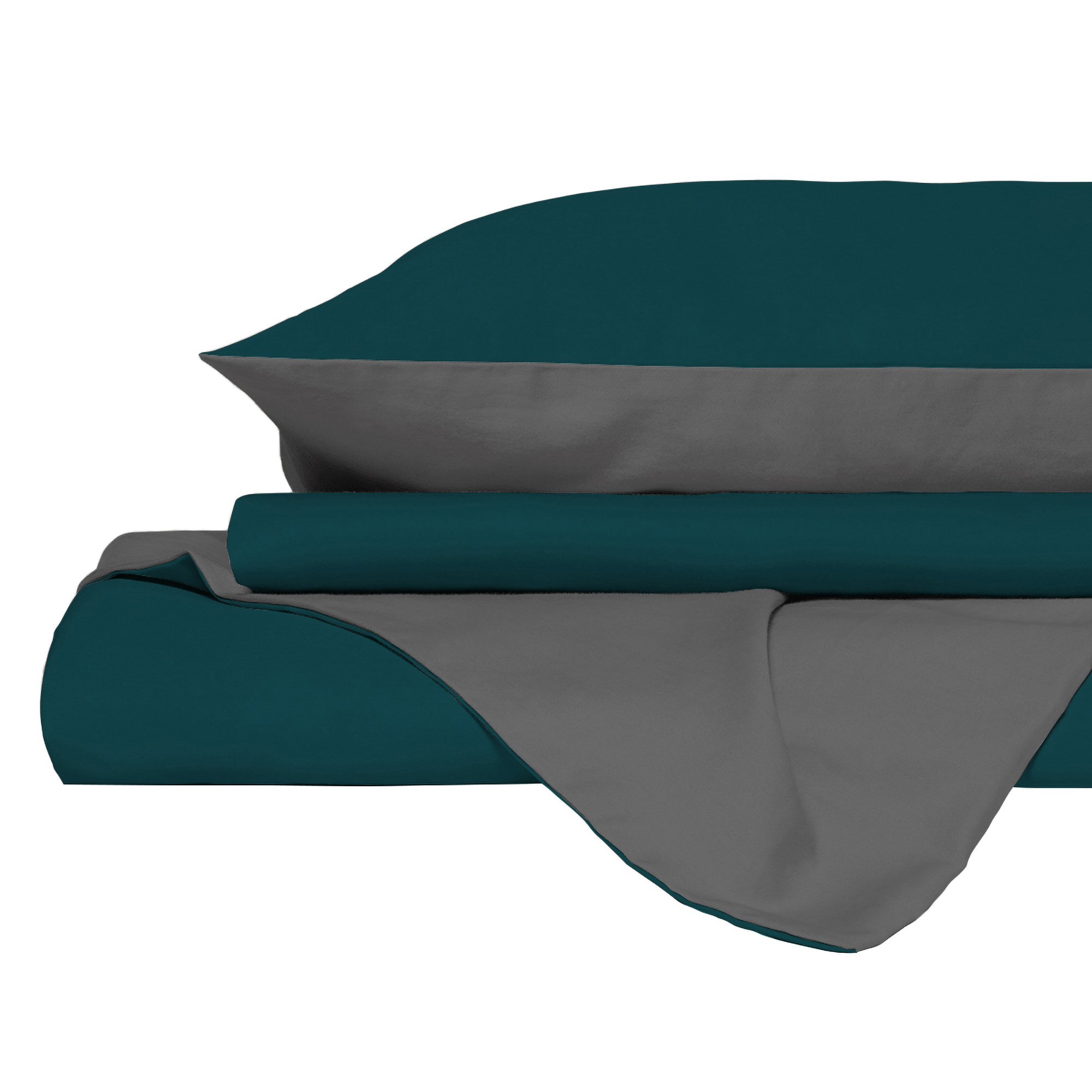 PARURE COPRIPIUMINO NATURAL COLOR, 100% Cotone, Made in Italy - VERDE PETROLIO/FUMO