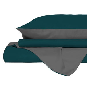 PARURE COPRIPIUMINO NATURAL COLOR, 100% Cotone, Made in Italy - VERDE PETROLIO/FUMO
