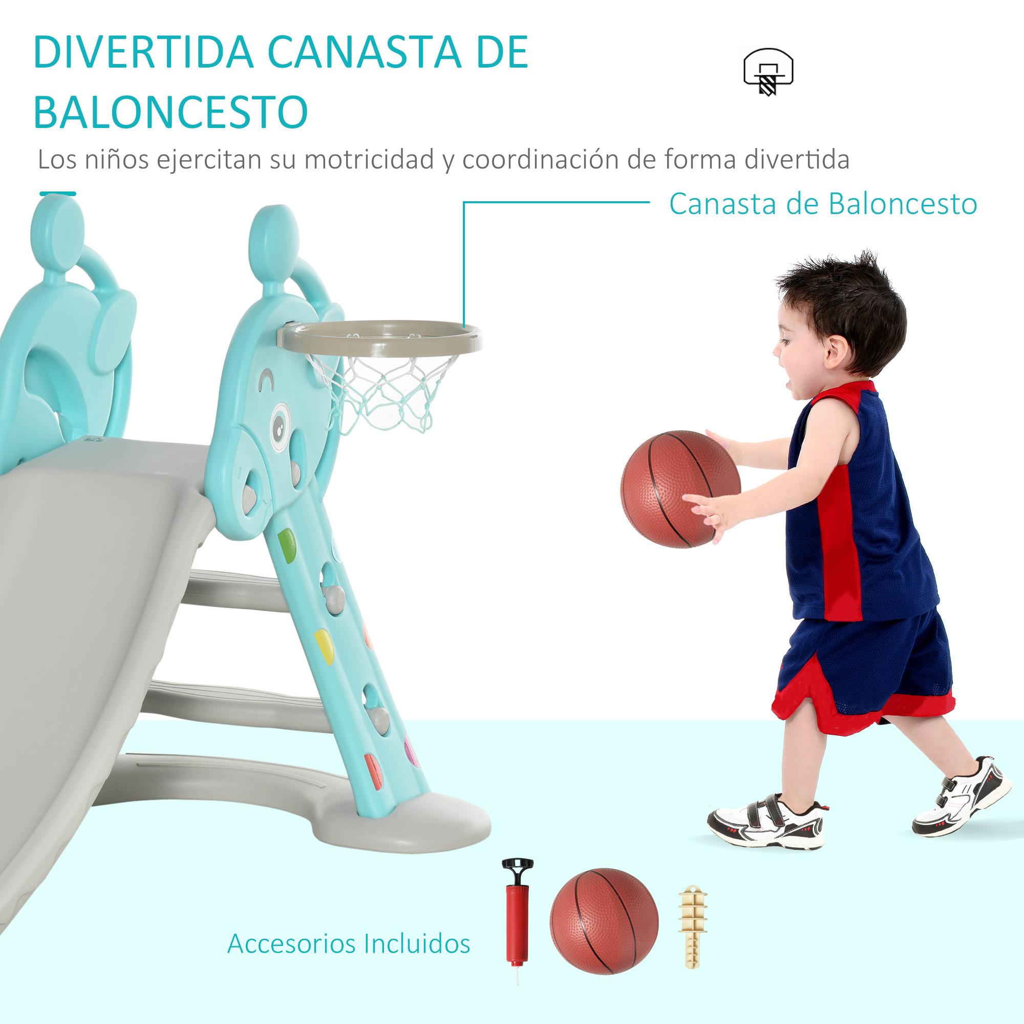 Tobogán para Niños +18 Meses Plegable con Canasta de Baloncesto Modelo Jirafa Juguete Infantil para Interiores y Exteriores 147x82x85,5 cm Azul y Gris