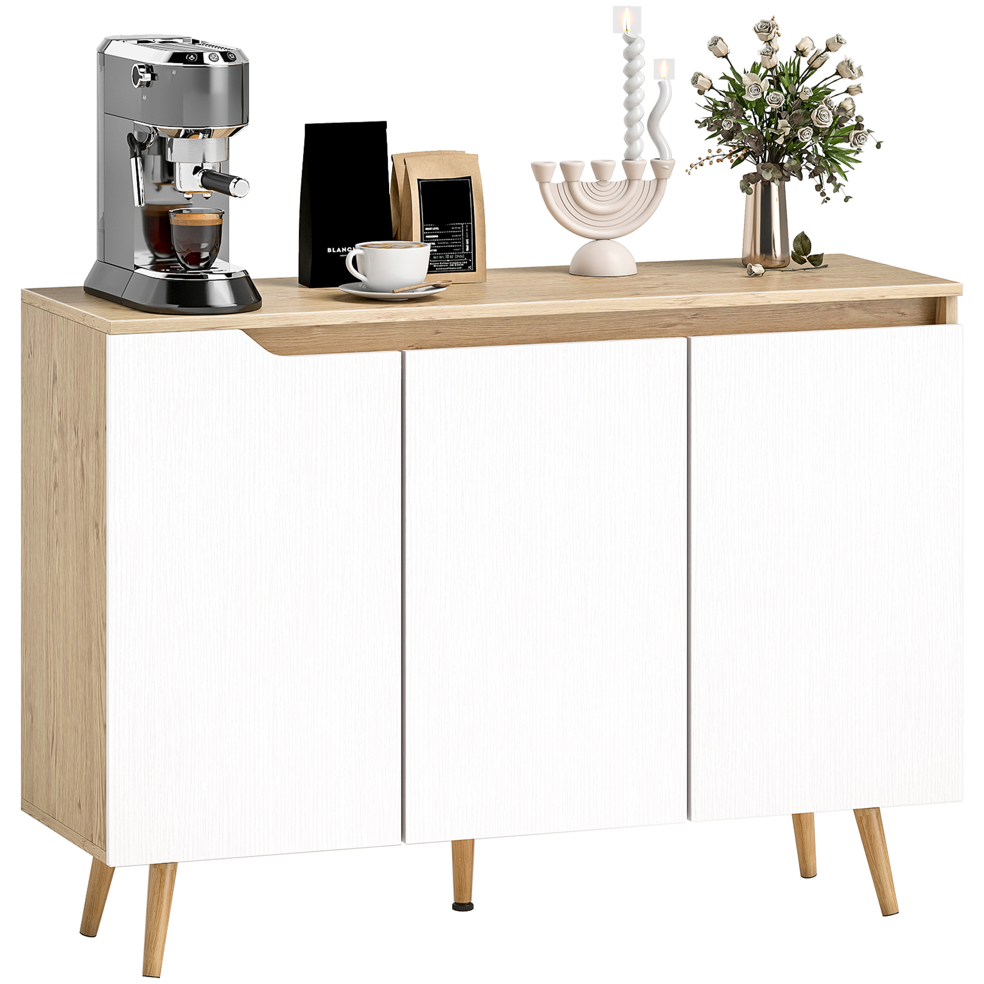 Aparador de 3 Puertas, Aparador de Salón con Estantes Ajustables, Patas de Madera, para Cocina, Entrada, Dormitorio, Roble y Blanco, 107x35x76,5 cm