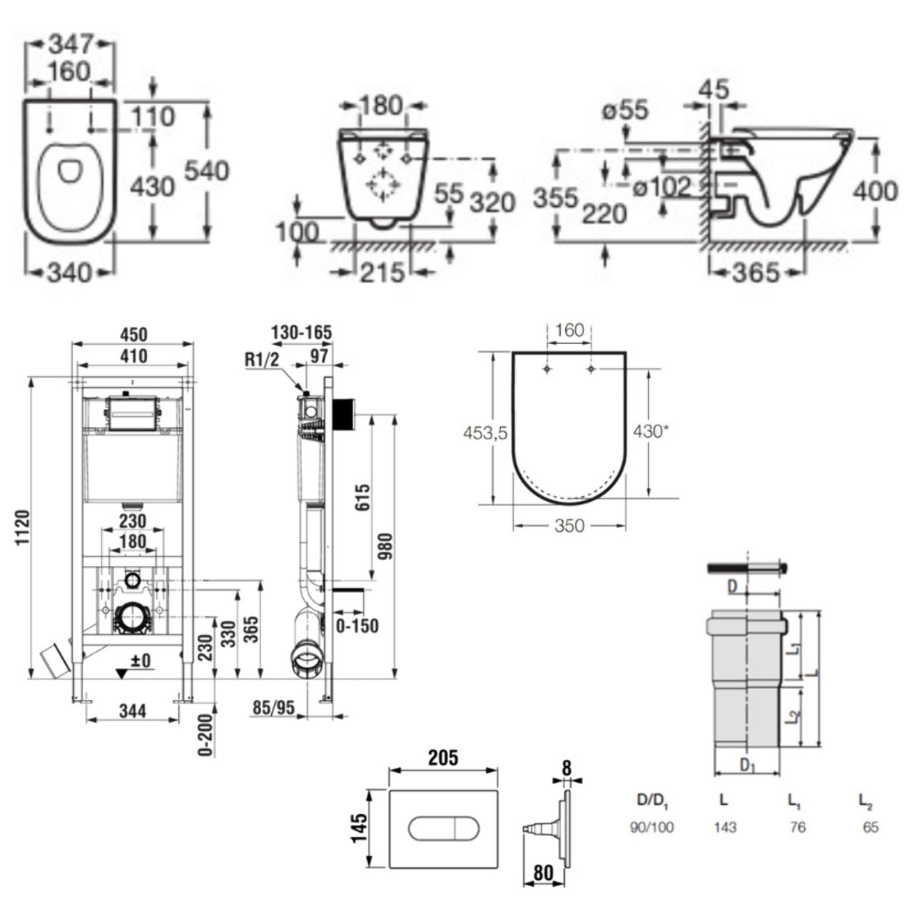 Pack WC bâti-support ECO 2 L Roca + WC suspendu Roca avec abattant SoftClose + plaque (ROROGAWR01-FR)
