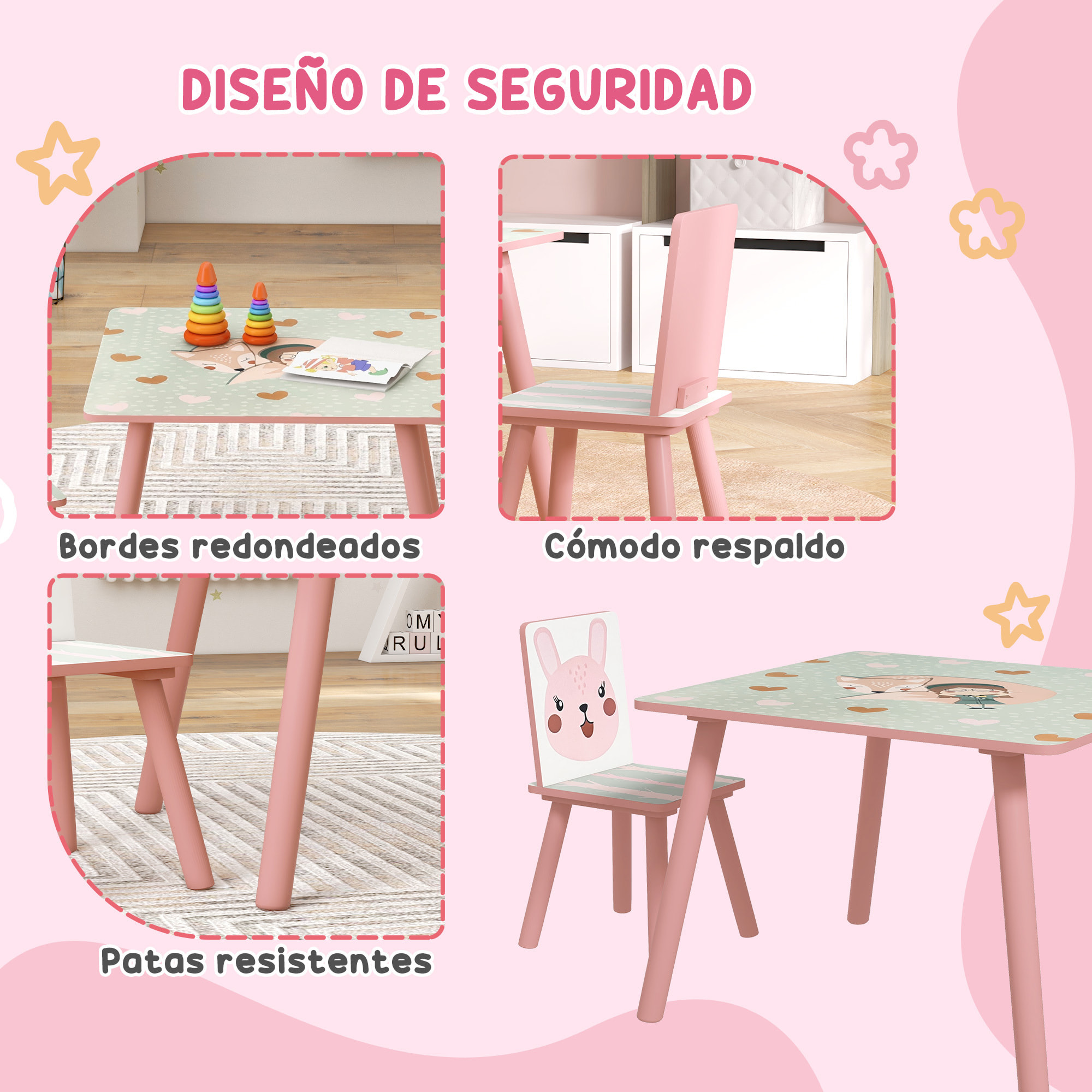 Mesa y Sillas Infantiles de 3 Piezas Mesa Infantil con 2 Sillas Juego de Muebles para Actividades para Niños de 3-8 Años para Dormitorio Sala de Juegos Rosa