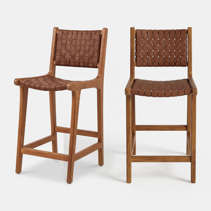Lot de 2 chaises pour îlot central 66,5 cm en teck, cuir tressé marron - Kuna