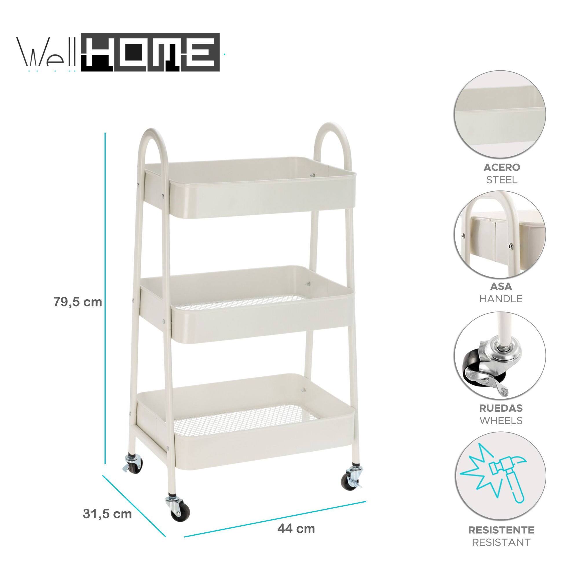 Well home carro de cocina blanco con 3 cestas y ruedas h.79,5cm