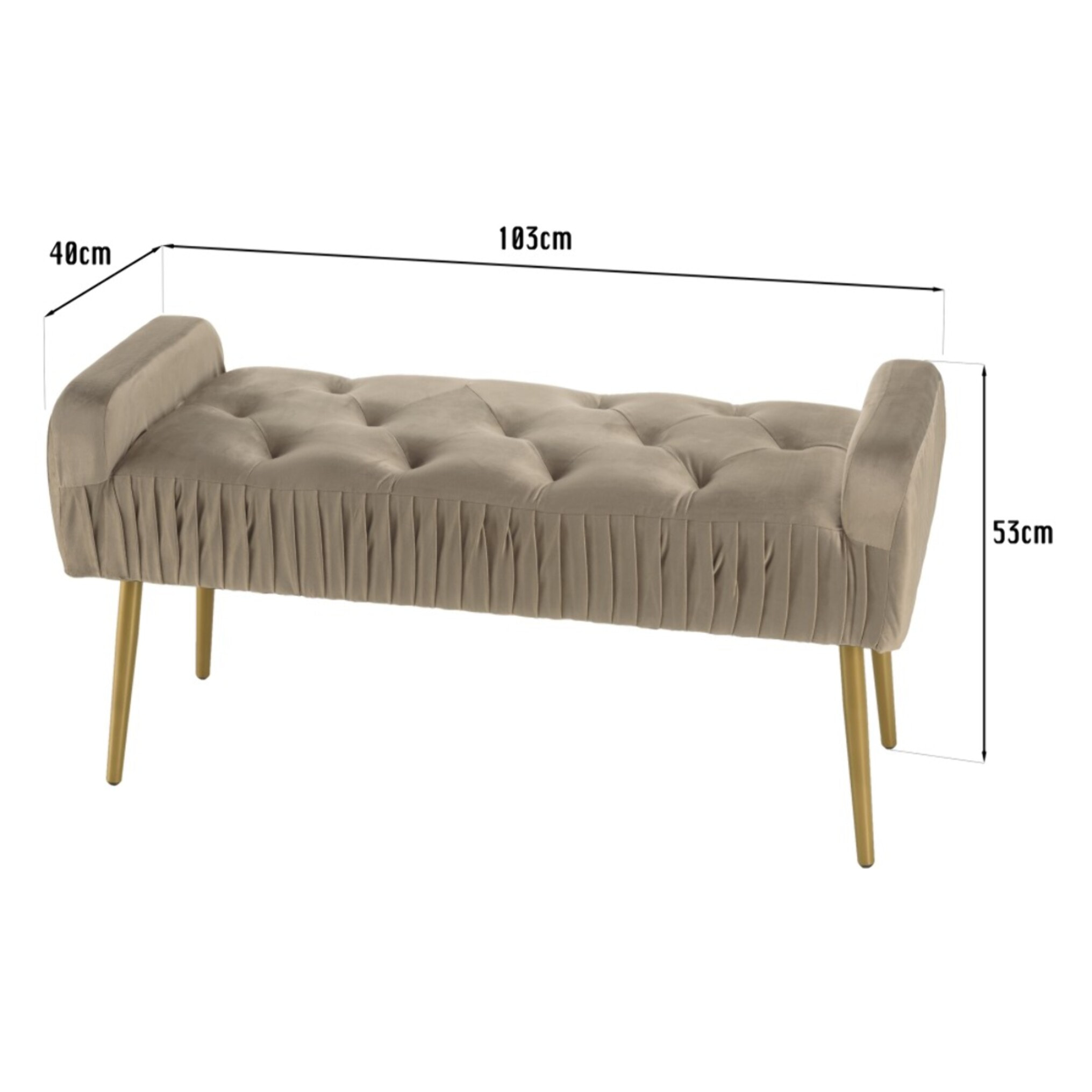 AGATHE - Banc de lit velours taupe pieds métal doré