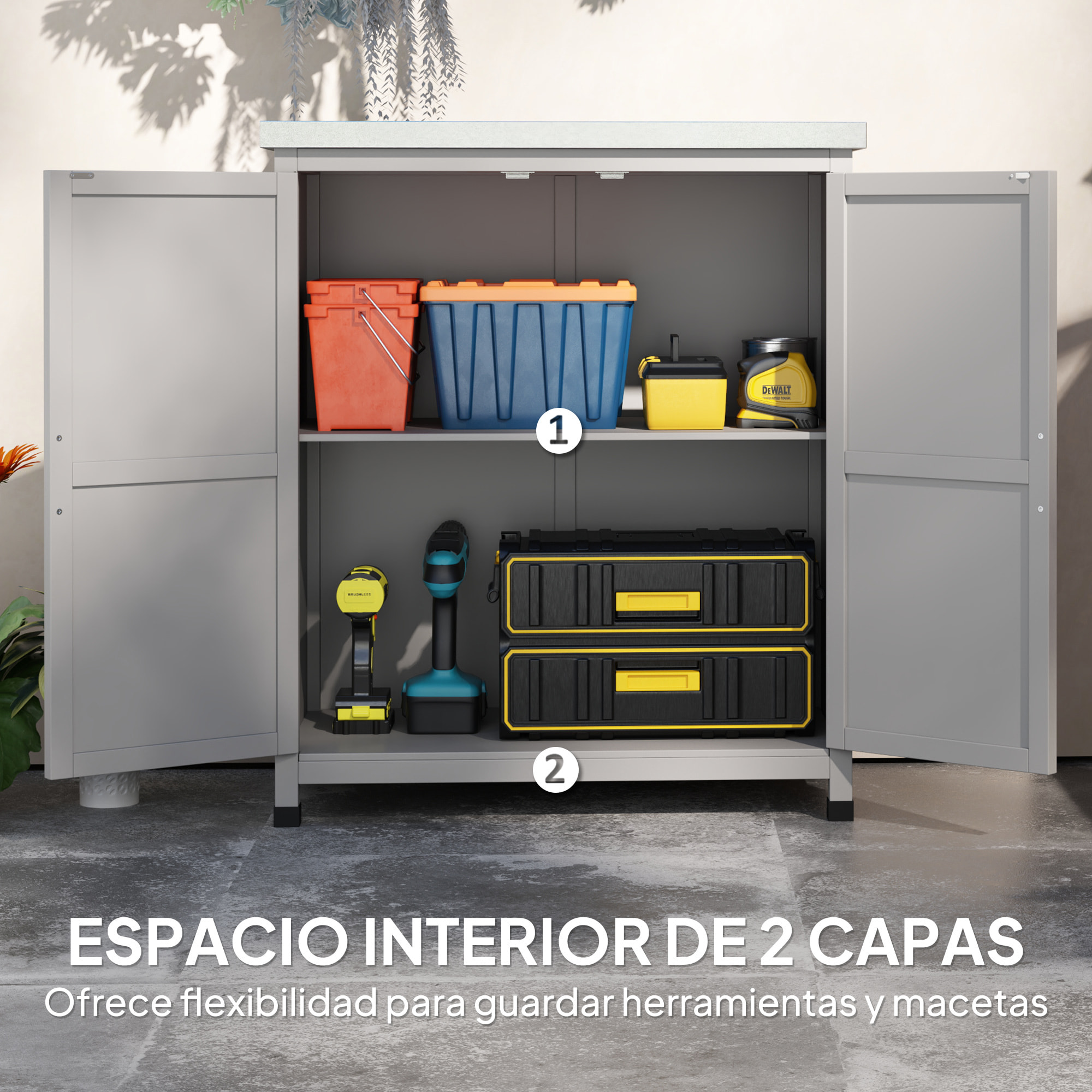 Armario de Exterior de Madera, Caseta de Jardín Exterior con Techo de Acero Galvanizado, Estante, 2 Puertas, Cobertizo de Jardín para Almacenamiento de Herramientas, 79x43x92 cm, Gris