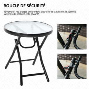 Table basse ronde bistro de jardin Ø 45 x 50H cm pliable métal époxy noir plateau verre trempé