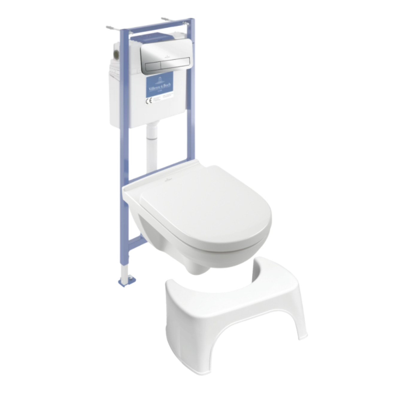 Pack WC sans bride O novo abattant frein de chute + bâti-support sol et mur + plaque Chromé  + Tabouret blanc