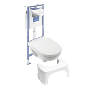 Pack WC sans bride O novo abattant frein de chute + bâti-support sol et mur + plaque Chromé  + Tabouret blanc