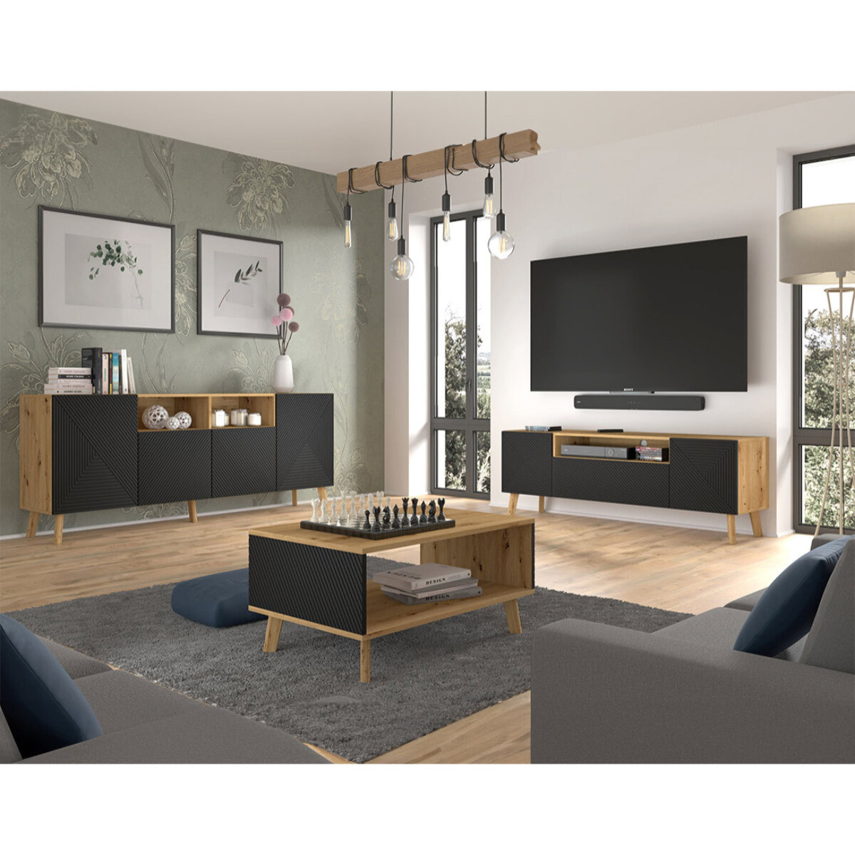 Velato - meuble tv - effet bois et noir - 3 portes et 1 niche - 160 cm - Bois / Noir