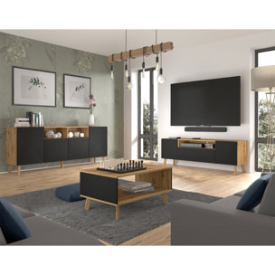 Velato - meuble tv - effet bois et noir - 3 portes et 1 niche - 160 cm - Bois / Noir