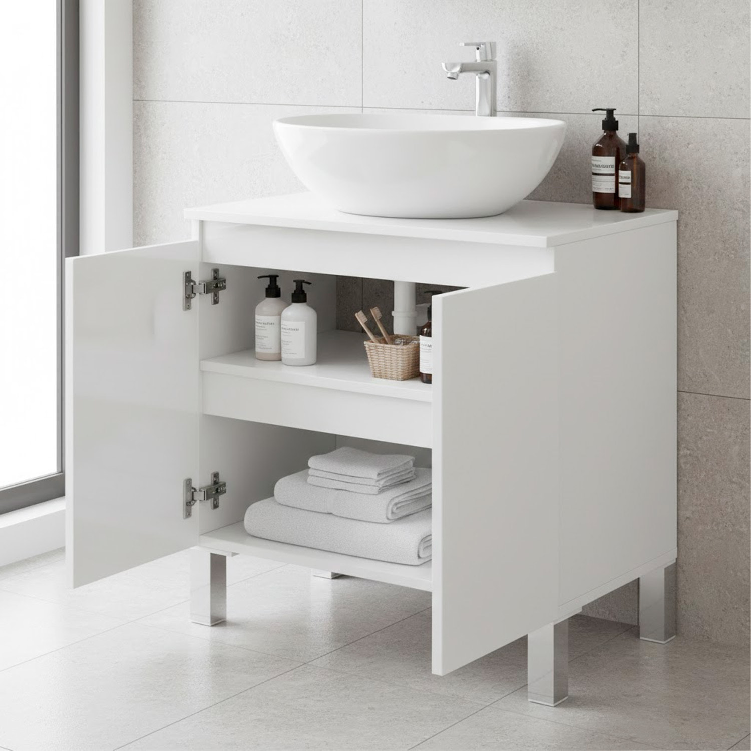 Mobile Bagno Sotto Al Lavabo Da Appoggio Con 2 Ante E Mensola Interna Salvaspazio Moderno Per lavabi Con Colonna  60 x 40 x 63.5 Cm Bianco Lucido
