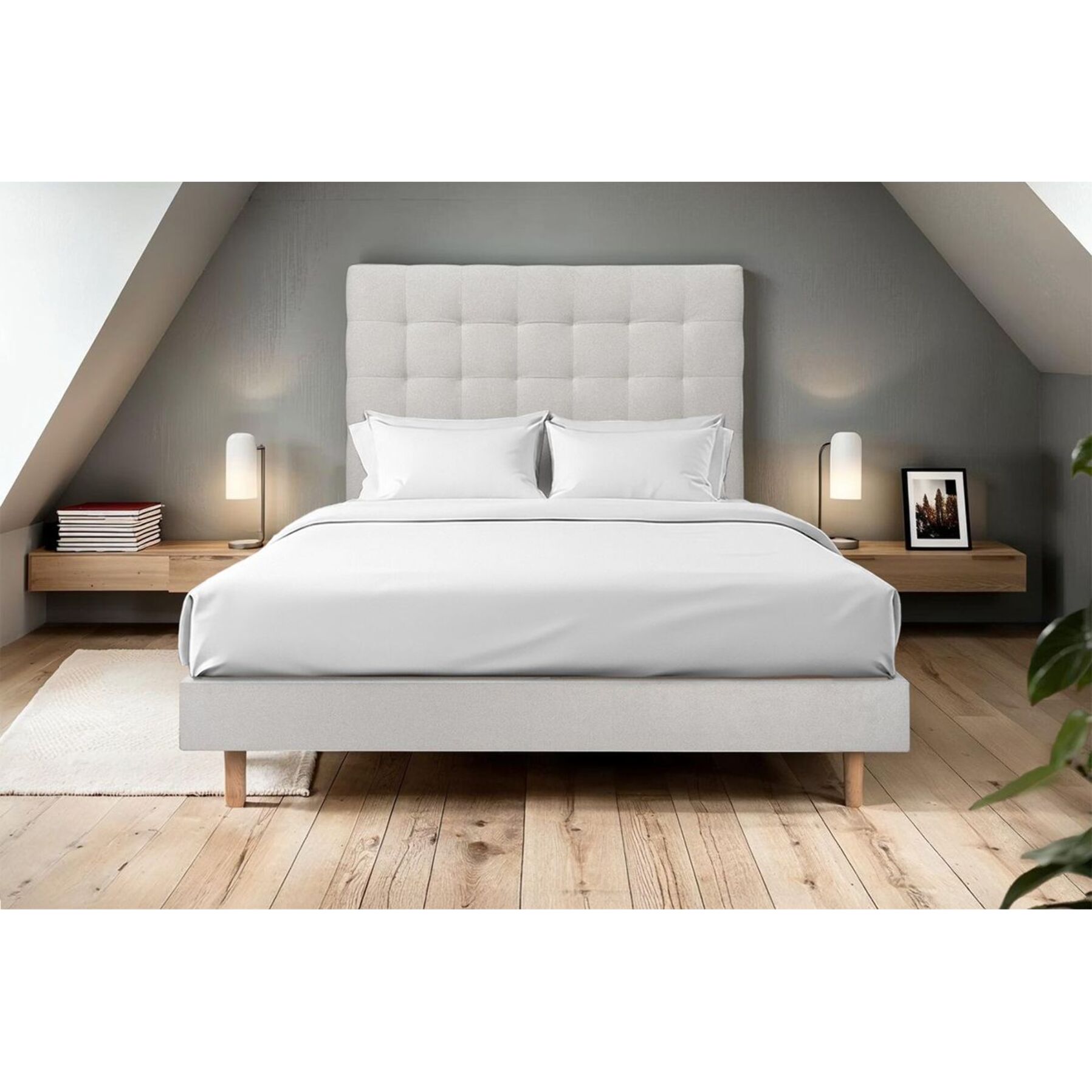 Lit avec tête de lit capitonnée velours et sommier kit Ep14