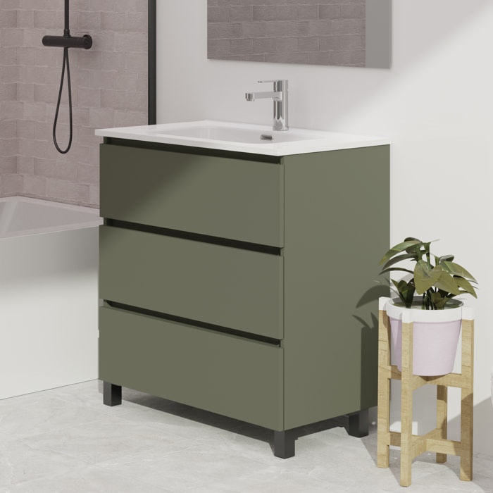 Conjunto de baño Wink | 90 cm Verde Musgo | Tres cajones | Lavabo encastrado | No incluye espejo | Mueble montado | Alday