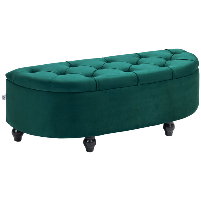 Pouf de rangement coffre 2 en 1 - pouf design classique chic capitonné demi-cercle - pieds bois hévéa noir revêtement velours vert emeraude