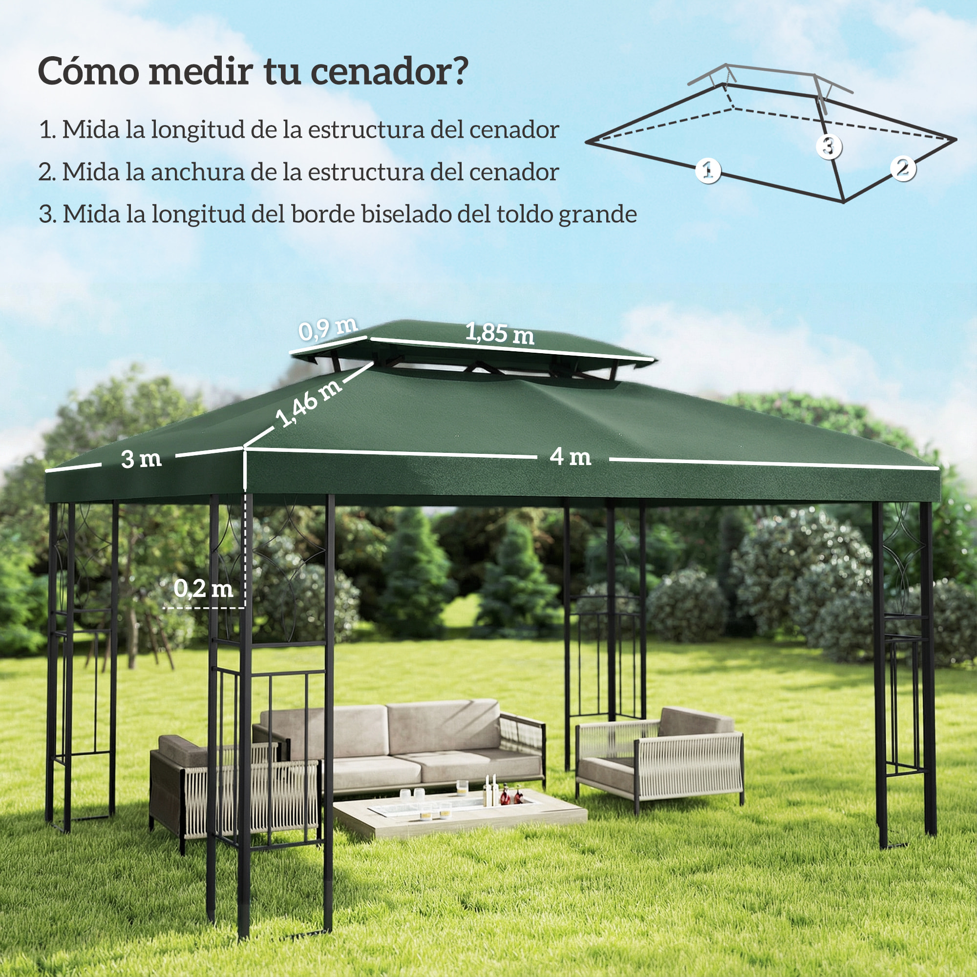 Techo de Repuesto para Cenador, 4x3 m, Cubierta de Repuesto con Techo Doble, 10 Orificios de Drenaje y Protección UV, SOLO Toldo de Recambio para Pabellón Gazebo, Verde