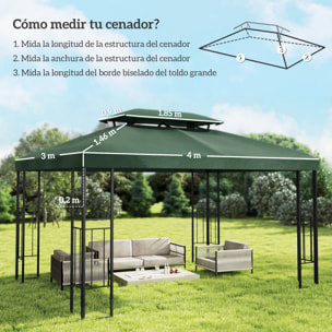 Techo de Repuesto para Cenador, 4x3 m, Cubierta de Repuesto con Techo Doble, 10 Orificios de Drenaje y Protección UV, SOLO Toldo de Recambio para Pabellón Gazebo, Verde