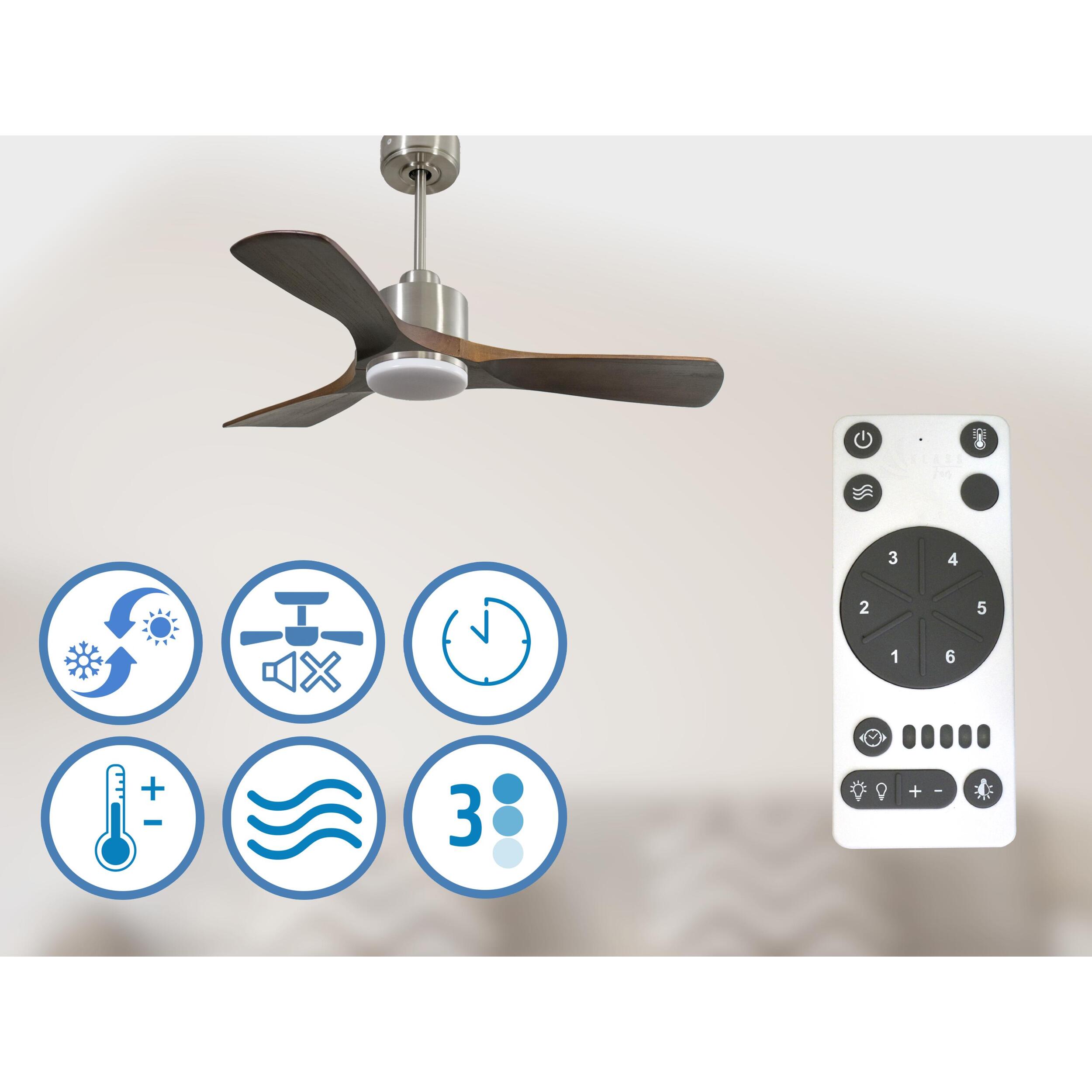 Ventilateur de plafond Réversible  Thermostat Dimmable Wifi Moteur à courant continu Toits en pente Télécommande Lumière à trois tons Hypersilence Mémoire
