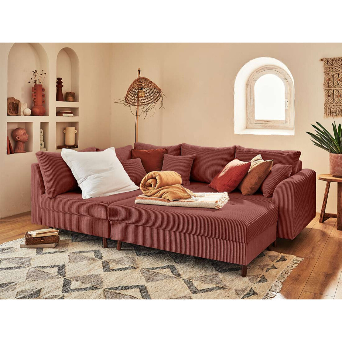 Rune - canapé d'angle gauche - 4 places - avec pouf d'appoint - en velours côtelé - Terracotta