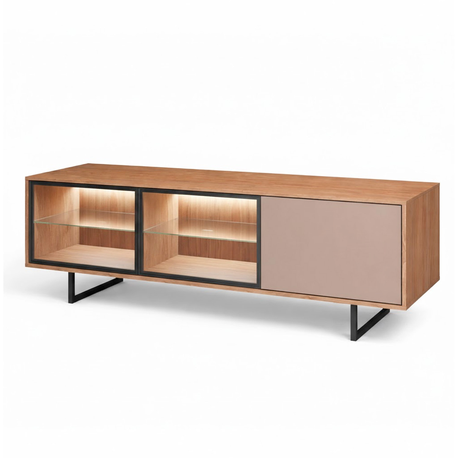 Porta TV 3 Ante Con 2 LED Inclusi 2 Ante Vetro Fumè Mobile TV Moderno Con Ripiani Interni Piedi In Ferro Nero 185 x 60 x 40  Cm Rovere E Grigio Caldo