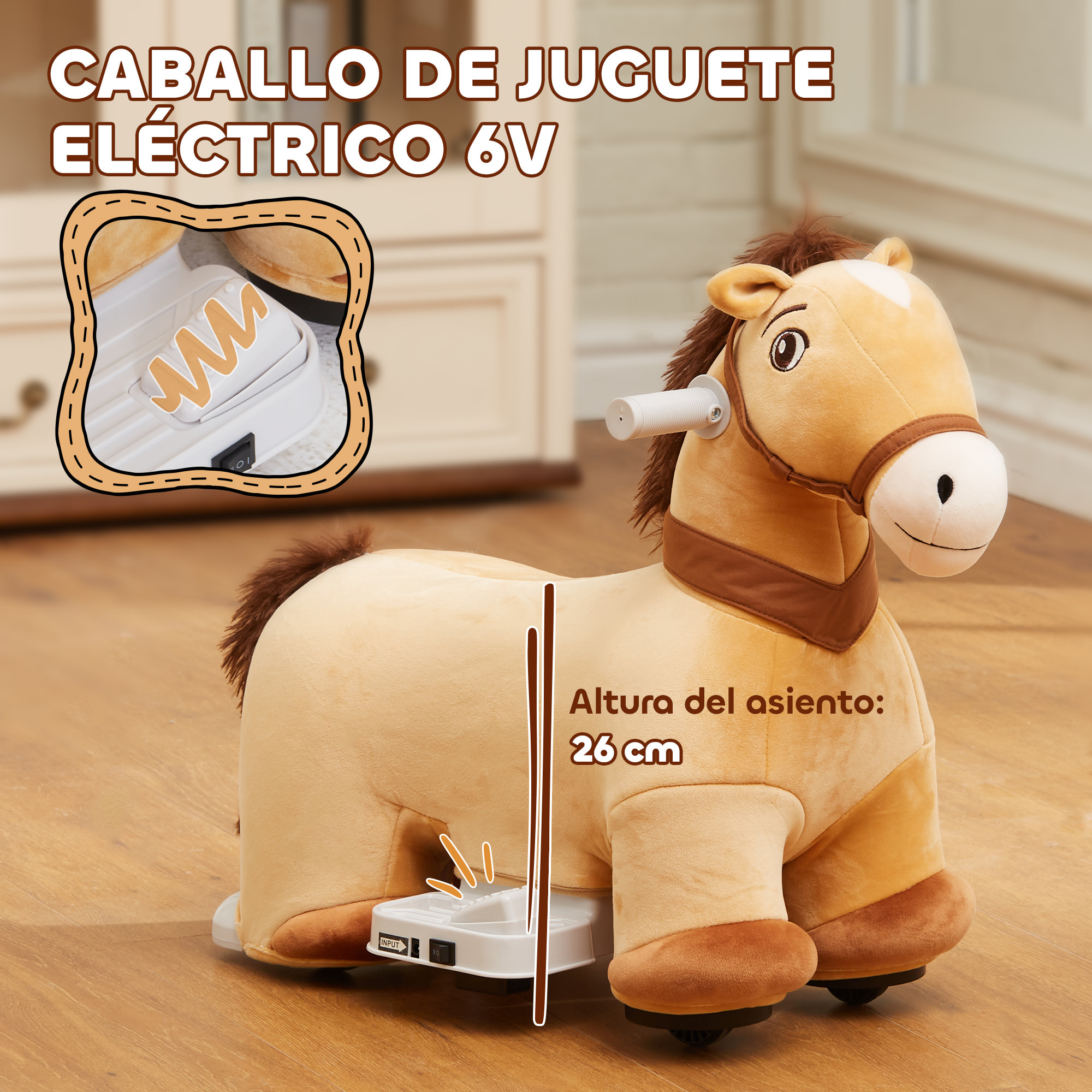 Caballo Eléctrico para Niños de 18 a 36 Meses Caballo de Juguete Eléctrico con Batería 6V Ruedas y Música Carga 25 kg 69x34x53 cm Marrón